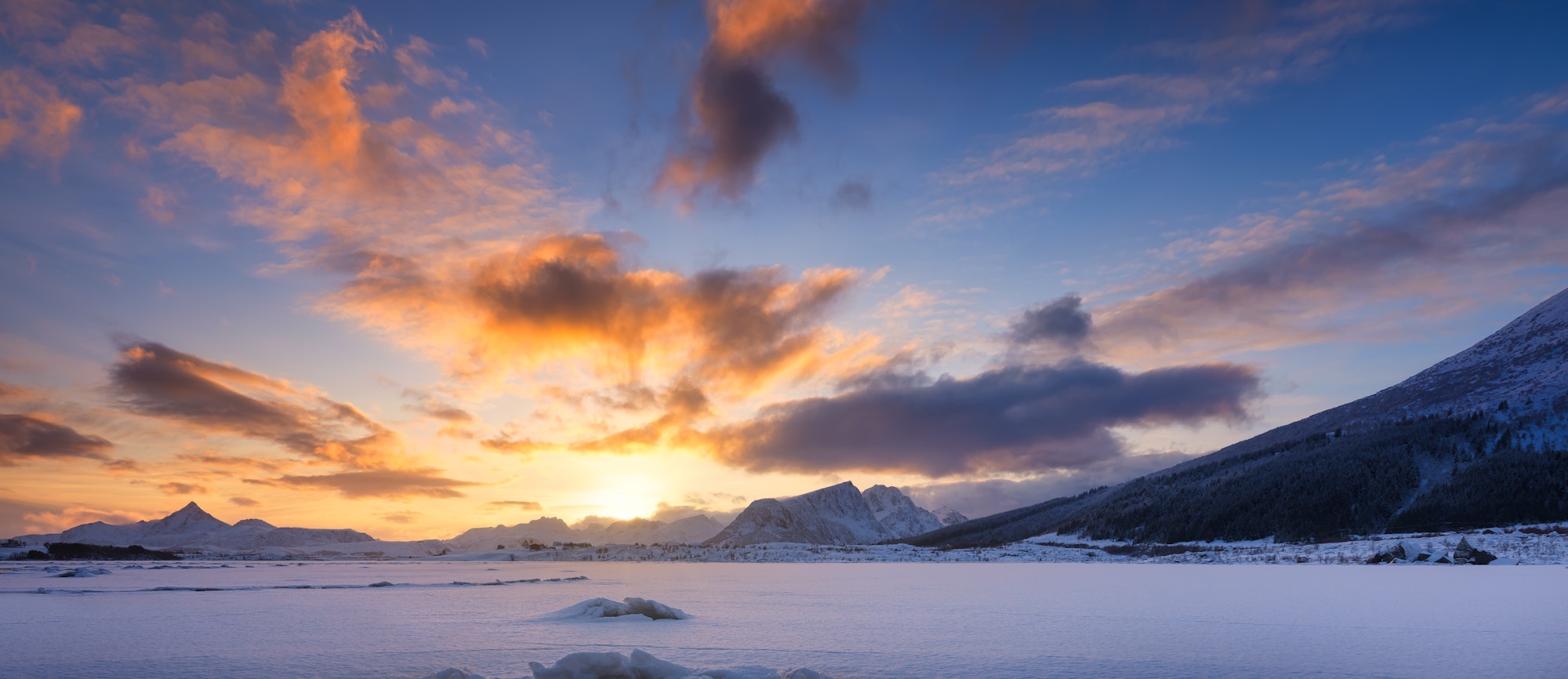 Panoramic view of the sunset sky. Winter landscape. The Lofoten Islands, Norway